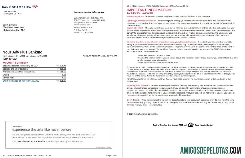 Modelo de extrato bancário em branco do USA Bank Of America em formato Excel e PDF (4 páginas), versão 3